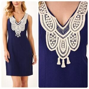 Lilly Pulitzer Navy Blue Cotton Shift Dress Crochet Lace V-Neck Size 4